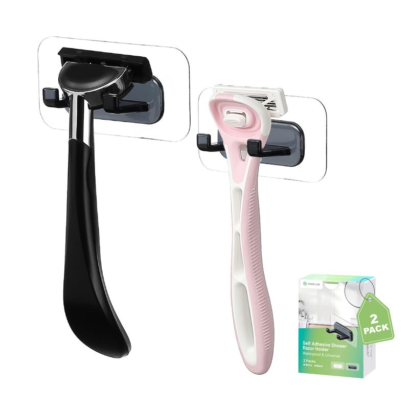 H HOOK LAB Hook LAB Self-Adhesive Shower Razor Holder, 2-Pack, Removable & Reusable Waterproof Hooks, for Towels, Bath Accessories, Kitchen & Bathroom Use - Black - Image 1